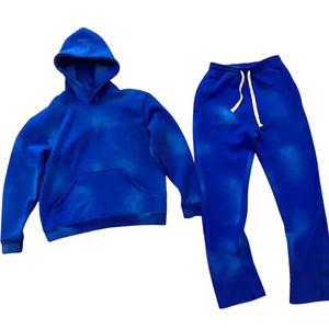 Ensemble survêtement à capuche bleu royal délavé pour homme, sweat-shirt en molleton vintage, pantalon de jogging évasé, tenue streetwear d'hiver - Product Image 4