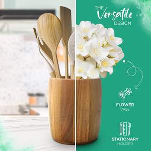 Porte-ustensile de cuisine en bambou Caddy 6 "x 4 1/2" (Acacia ovale) Décoration Porte-fleur sec - Product Image 6
