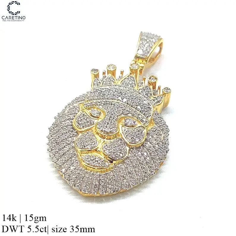 14k yellow gold with white diamond hip hop lion pendant