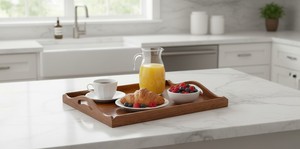 Polished Lacquer Finish Mango Wood Modern Single Tier Tea & Coffee Serving <b>Tray</b> with Handles for Home and <b>Office</b> at Best Price - Product Image 5