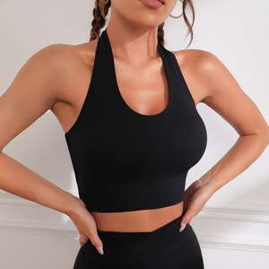 High-Waisted Seamless Yoga Sports Suit <b>Halter</b> <b>Neck</b> Quick-Dry Fitness Running Wear Breathable Back Set Front Logo Solid Pattern - Product Image 3