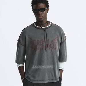 T-shirt à manches longues personnalisé en éponge française Vintage lavé à l'acide couture inversée déchiré en détresse impression lourde graphique - Product Image 1