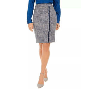 Gonna a tubino vintage in tweed Calvin Klein da donna, blu, taglia 12 - Con decorazione a spacco e tecniche ricamate, in lana, nylon e spandex - Product Image 1