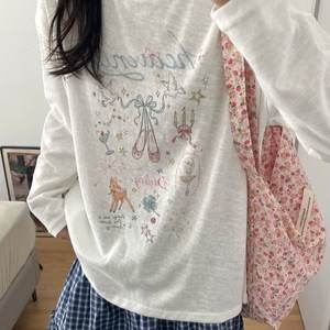 Camiseta Coreana de Manga Larga Extra Grande para Mujer, con Lazo Bonito, Diseño Gráfico, Algodón, Informal, Estética, Venta al por Mayor Directa de Fábrica - Product Image 5