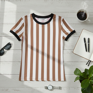 T-shirts pour femmes écologiques personnalisés avec des rayures marron foncé et blanches, tissu antibactérien de 100 grammes, services OEM - Product Image 5