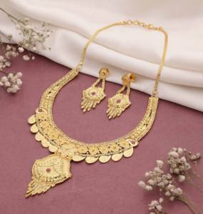 Parure de bijoux plaqué or, bijoux à motifs floraux, bijoux de luxe et de mode, bijoux traditionnels, bijoux en laiton plaqué or - Product Image 1