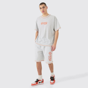 Camiseta y conjunto corto con apliques de punto de contraste de gran tamaño de alta calidad, conjunto de chándal para hombre con pantalones cortos y camiseta, conjunto de verano - Product Image 1