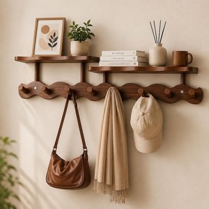 Natural Wood <b>Wall</b> Hook Rack Wooden Coat Hanger Entryway Storage <b>Shelf</b> Bathroom Organizer 4 6 8 Hooks - Product Image 4