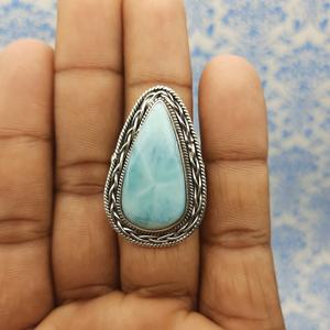 925 <b>Solid</b> <b>Silver</b> Larimar Gemstone Ring Bohemian Artisan Crafted with Pear Cut Diamond Wedding Occasion - Product Image 6