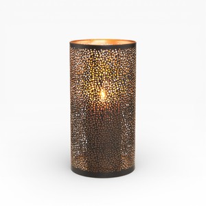 Tall Black Metal Candle Holder with Fine Dot Cut Design and Warm Gold Glow for Modern Home Decor - Product Image 1