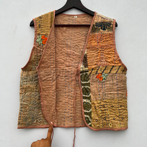 Chaleco Kantha de algodón bordado elegante hecho a mano para mujer, Chaqueta corta de invierno, chaleco con diseño de retazos, ropa exterior - Product Image 2