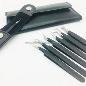 Pinces à cils en acier inoxydable noir pour extensions de cils, poignée diamant, pointe lisse à 90 degrés, antistatique avec pochette noire - Product Image 1