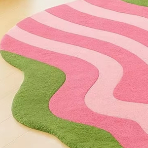 Alfombra Moderna Ondulada Rosa y Verde |   Alfombra de Forma Abstracta para Sala de Estar, Decoración del Hogar Suave y Estética, Alfombra de Piso Adorable y Apta para Mascotas - Product Image 4