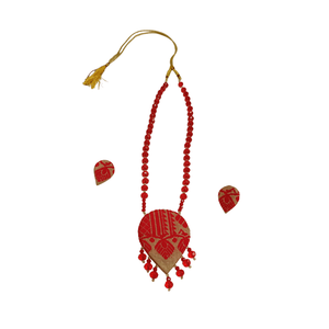 Handmade Gamusa Assamese Traditional <b>Red</b> Muga <b>Silk</b> Necklace Set with Statement Pendant Cultural Collectible Jewelry - Product Image 4