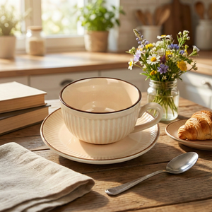 ปลอบประโลมประสาทสัมผัสของคุณด้วยชุดถ้วยชาและจานรองสไตล์เรโทรสุดอบอุ่น ทำจากนิวโบนไชน่า พร้อมโลโก้ที่ปรับแต่งได้ สำหรับกาแฟและชา ชุด 2 ชิ้น - Product Image 2