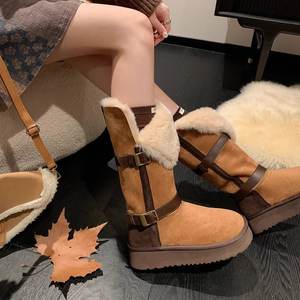 Bottines mi-mollet en daim à bout rond et talon moyen (3-5 cm) style western automne avec semelle intérieure thermique en PU et semelle plateforme en fausse fourrure courte pour l'hiver - Product Image 3