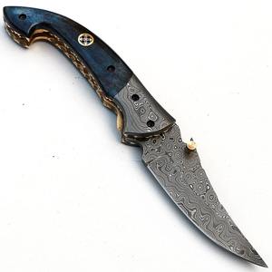 Navaja Plegable de Bolsillo de Acero de Damasco de Grado Industrial Hecha a Mano Personalizada, Soporte OEM, Mango de Madera/Hueso/Resina, Hecho en Pakistán - Product Image 1