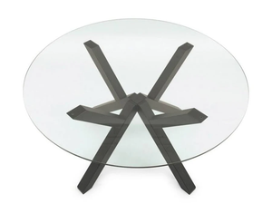 Table à manger ronde moderne en verre pour usage hôtelier, plateau élégant en verre trempé, base sculpturale en bois. Design élégant, minimaliste et aérien. - Product Image 1