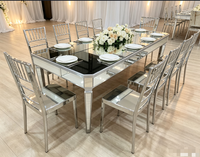 Table à manger en verre miroir 10 places, location pour événements de mariage, hôtel, villa, pliable, qualité supérieure, couleur argent antique, en bois