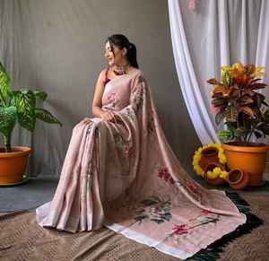 Saree en soie Banarasi de qualité supérieure pour femmes Bordure tissée en coton Chanderi doux à impression numérique pour les fêtes formelles - Product Image 6