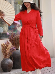 Vestido maxi de lino personalizado para mujer, batas acampanadas de talla grande de gran tamaño, manga larga, suave, informal, holgado, tejido, teñido liso, Natural - Product Image 2