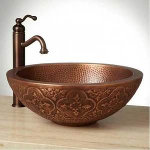 Engraving Finished Pure <b>Copper</b> Wash Basin Round Shape <b>Copper</b> Basin Elegant for Hotel Villas Resort Bathroom Usage - Product Image 1
