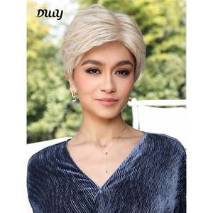 DWY Women's Short Blonde Straight Synthetic Lace Front <b>Wig</b> High Temperature Fiber High Quality Natural Style Transparent Bangs - Product Image 2