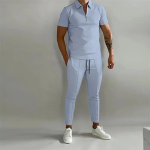 Conjuntos de dos piezas deportivos de verano 2024, camisa POLO de manga corta con cremallera para hombre, pantalones largos ajustados, traje informal diario para hombre - Product Image 5