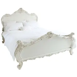 Letto in legno massello Sassy provenzale con letto in stile francese intagliato a mano con finitura anticata bianca