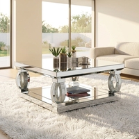 Table basse élégante avec miroir, étagère inférieure et pieds en anneau de cristal pour la maison