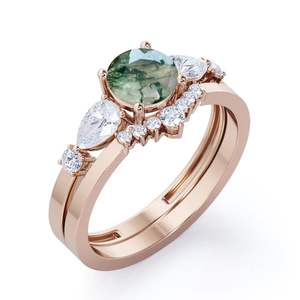 Anillo de Boda Clásico Art Deco con Ágata Verde Musgo de Corte Redondo de 0.8 Quilates, Plata de Ley 925 para Mujer - Product Image 3