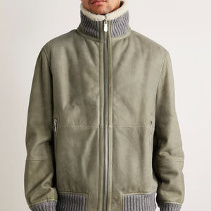 Customized Wholesale Olive Green Leather Outerwear With Ribbed Knit Collar and Hem Men <b>Suede</b> Shearling Bomber <b>Jacket</b> - Product Image 3