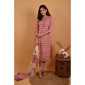 Pink Ladies Traditional Indian <b>Block</b> <b>Printed</b> Cotton Kurta Pant Set Embroidery for Daily Wear Party Wear Ethnic Georgette - Product Image 3