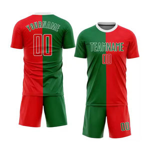 2025 gros Sublimation imprimé Football uniforme 100% Ployester tissu uni vert/rouge couleur col rond maillot de Football pour hommes - Product Image 1