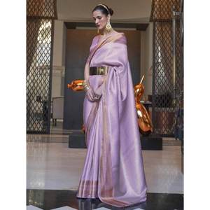Impresionante Sari de Seda Lavanda con Bordado Zari y Blusa para Bodas - Product Image 3