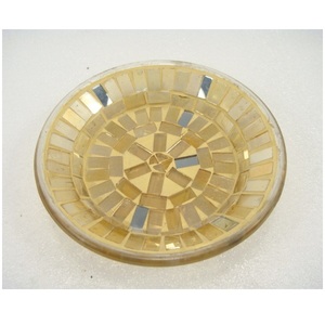 Round Shape Mosaic Finished Glass <b>Taper</b> Plate Gold Color <b>Taper</b> <b>Candle</b> Holder Plate For Home Dining Table Party Decorative Use - Product Image 1