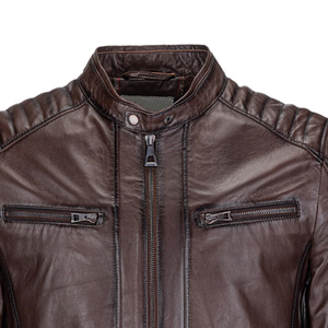 Chaqueta de Cuero Genuino Color Chocolate para Hombre, Chaqueta de Motero con Mangas Acanaladas, Cuello Alto, Corte Ajustado, Piel de Cordero Real, Personalizable - Product Image 5
