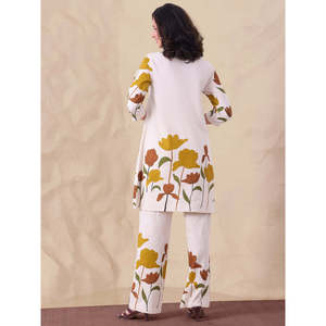DEEBACO Women's Cotton White Floral Co-ord Set <b>Split</b> Neck Long Tunic With Ankle <b>Trouser</b> Summer Spring Casual Western Wear Outfit - Product Image 5