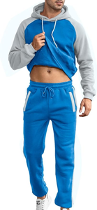 Men's Blue Gray Color Blocking Hoodie Sweatpants <b>Set</b> Casual Fleece Tracksuit Autumn Wear - Product Image 2