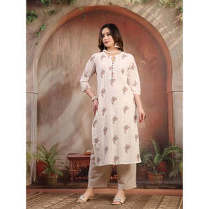 ชุดคุร์ตาผ้าฝ้ายพิมพ์ลายสีขาวนวลทรงเอไลน์สำหรับผู้หญิง พร้อมผ้าคลุมไหล่ - Product Image 6