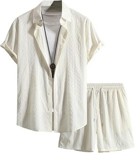 Conjunto de 2 Piezas para Hombre, Camisa Casual Transpirable de Manga Corta con Botones y Pantalones Cortos con Cintura Elástica, Trajes Deportivos de Playa - Product Image 6