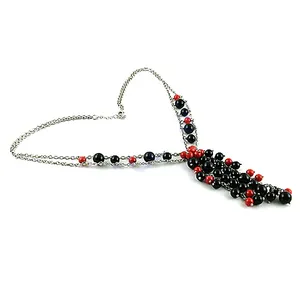 Collier à pampilles perlées plaqué argent style bohème pour femme, perles noires et rouges, bijoux de fête, type chaîne. - Product Image 3