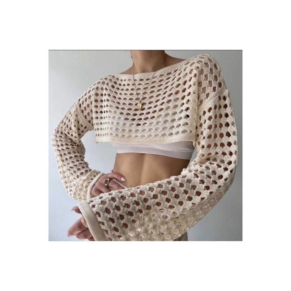 Women's Cream Hole Openwork Crop Blouse