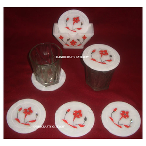 Juego de posavasos de té con incrustaciones de forma redonda de mármol blanco puro decorativo para el hogar y el Hotel con acabado fino al mejor precio - Product Image 1