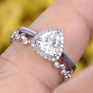 Anillo de compromiso con corte trillion, anillo de bodas de diamantes, 2 anillos, anillo de promesa de diamantes de eternidad completa - Product Image 2