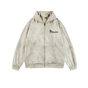 Sudadera con Capucha Extra Grande, Lisa, Personalizable con Bordado, Estilo Urbano, de Felpa, Lavada al Ácido, Desgastada, con Cierre - Product Image 3