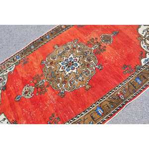 พรมขนแกะตุรกี8in 4ft วินเทจดีไซน์แบบเย็บปะต่อสีน้ำตาลแดงใช้สานแบบแบนใช้เทคนิคการตกแต่งห้องนั่งเล่นน้ำยางหนา10มม. - Product Image 5