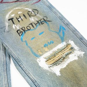 Haut de gamme hommes 100% coton jambe droite jean léger nouveau Style de rue américain Ruffian trous peints taille moyenne jambe large - Product Image 4