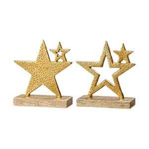 Juego de 2 Adornos de Mesa de Estrella de Aluminio Dorado Hechos a Mano, Figuras Navideñas Modernas con Base de Madera, Escultura Decorativa para el Hogar - Product Image 1