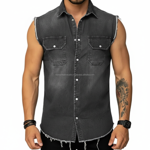 Chemise en jean noire sans manches pour homme, coupe slim, effet vieilli, bords bruts, style décontracté, avec double poches, personnalisable OEM - Product Image 1